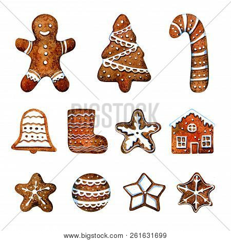 Set Of Gingerbread Cookie Figures. Man, Christmas Tree, Bell, Stars, House. Hand Drawn Watercolor Il