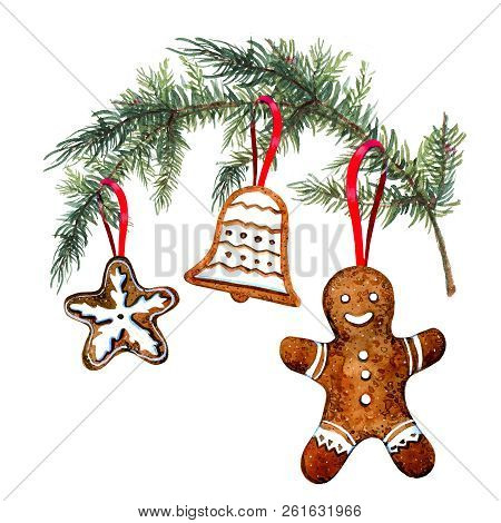 Gingerbread Cookie Figures Hanging On Christmass Tree Branch. Hand Drawn Watercolor Illustration On 