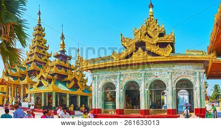 Yangon, Myanmar - February 27, 2018: Panorama Of Shrines Along The Northern Alley Of Shwedagon With 