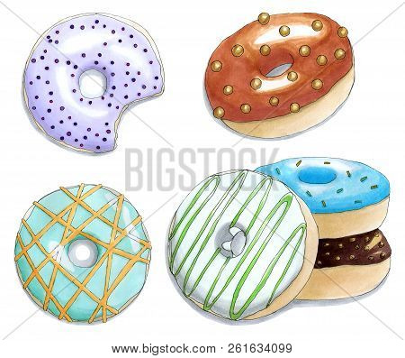 Hand Painted Set Of The Sweet Colorful Donuts. Isolated Objects On A White Background. Food Illustra