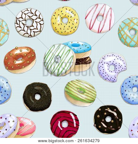 Seamless Pattern With The Hand Painted Colorful Donuts On A Light Blue Background. It Can Be Used Fo