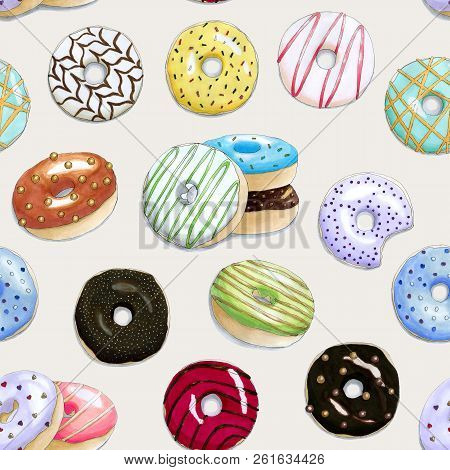 Seamless Pattern With The Hand Painted Colorful Donuts On A Beige Background. It Can Be Used For Car