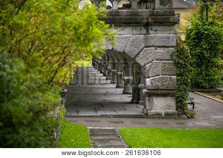 A Beautiful Scenery On The Streets Of Bergen, Norway. Overcast Day.