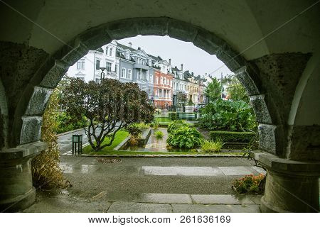 A Beautiful Scenery On The Streets Of Bergen, Norway. Overcast Day.