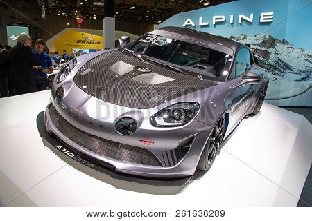 Paris - Oct 2, 2018: Alpine A110 Gt4 Sports Car Showcased At The Paris Motor Show.