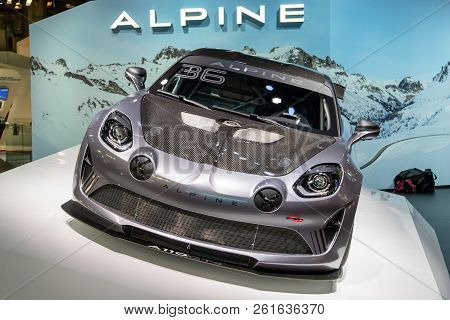 Paris - Oct 2, 2018: Alpine A110 Gt4 Sports Car Showcased At The Paris Motor Show.