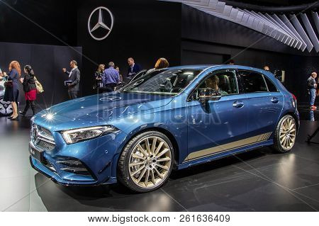 Paris - Oct 2, 2018: Mercedes-amg A 35 4matic Hatchback Car Unveiled At The Paris Motor Show.