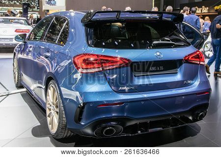 Paris - Oct 3, 2018: Mercedes-amg A 35 4matic Hatchback Car Unveiled At The Paris Motor Show.