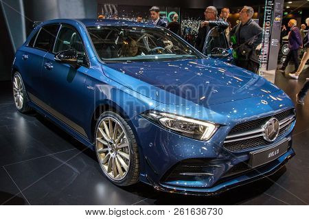 Paris - Oct 3, 2018: Mercedes-amg A 35 4matic Hatchback Car Unveiled At The Paris Motor Show.