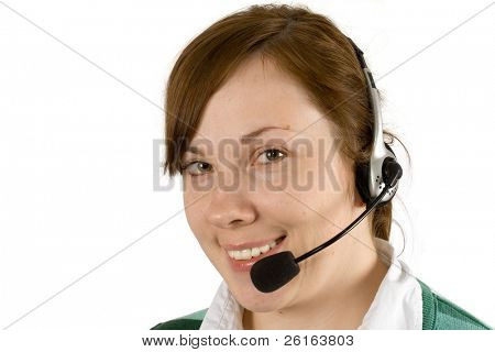 callcentre женщина, девушка с гарнитуры, улыбаясь, изолированные на белом фоне, голову выстрел, лица clos