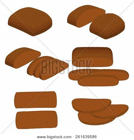 Vector Illustration Of Set Of Baked Bread, Dark Rye Brick, Soft Baguette For Bakery. Bread Consistin