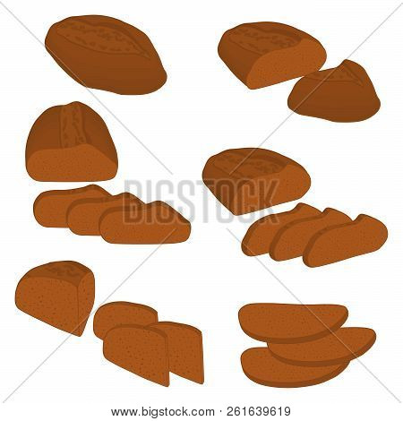 Vector Illustration Of Set Of Baked Bread, Dark Rye Brick, Soft Baguette For Bakery. Bread Consistin