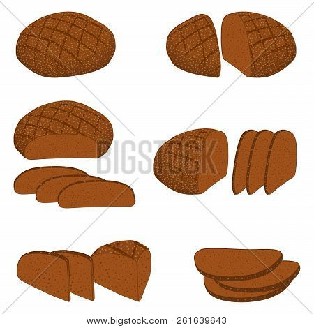 Vector Illustration Of Set Of Baked Bread, Dark Rye Brick, Soft Baguette For Bakery. Bread Consistin