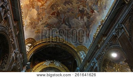 Rome, Italy - September 26 2018: Basilica Of Saint Sylvester The First , The Baroque  Interior With 