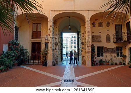 Rome, Italy - September 26 2018: Basilica Of Saint Sylvester The First , The Internal Courtyard  Peo
