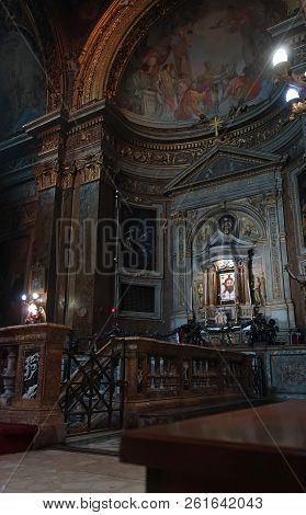 Rome, Italy - September 26 2018: Basilica Of Saint Sylvester The First , The Baroque  Interior With 