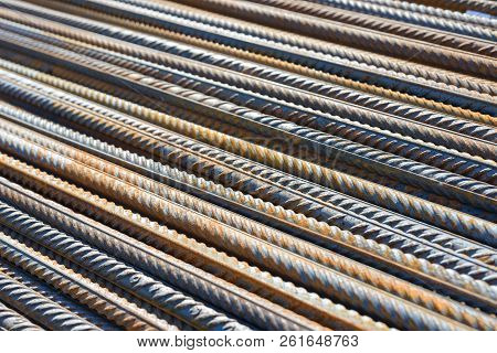 Reinforcing Steel Bar Background, Rebar For Concrete Construction Work. Metal Armature. Reinforcing 