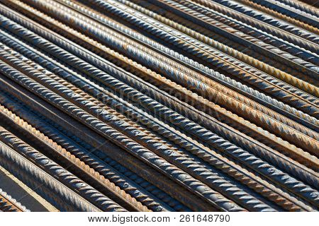Reinforcing Steel Bar Background, Rebar For Concrete Construction Work. Metal Armature. Reinforcing 