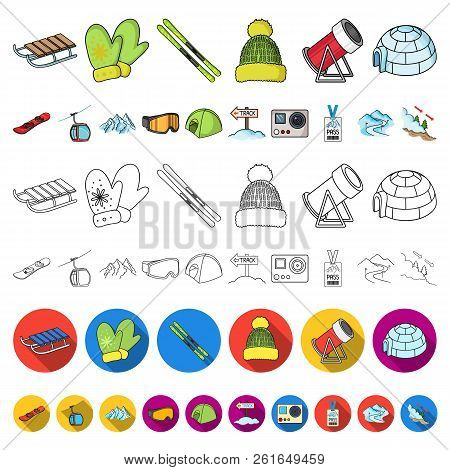Ski Resort And Equipment Cartoon Icons In Set Collection For Design. Entertainment And Recreation Ve