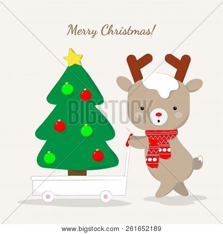 Cute Reindeer Cartoon Carrying Chirstmas Tree,  Lovely Christmas Background.