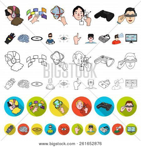 A Virtual Reality Cartoon Icons In Set Collection For Design. Modern Technology And Equipment Vector