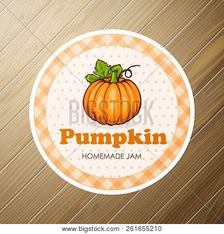 Vector Round Label, Pumpkin Jam On A Wooden Background