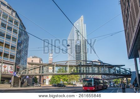 Oslo, Norway - 28 July, 2018: Radisson Blu Plaza Hotel And Public Transport On Street Of Oslo