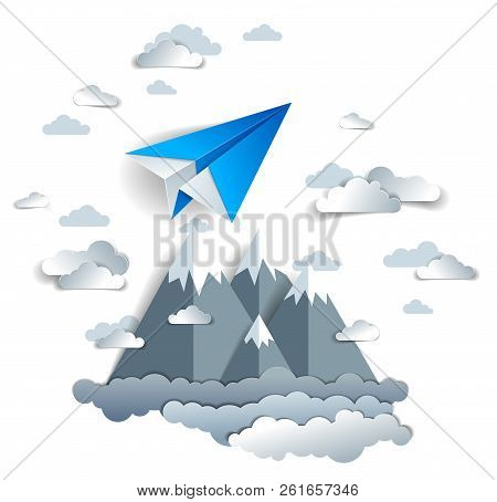 Origami Paper Plane Toy Flying In The Sky Over Mountain Peaks, Perfect Vector Illustration Of Scenic