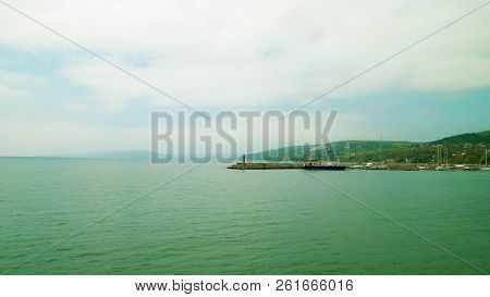 View On Marina And Coast Of Balchik, Bulgaria. Stormy Weather Over Black Sea Coast, Traveling And Na