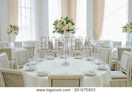The Banquet Hall With Round Tables, With Cutlery, Clouse View