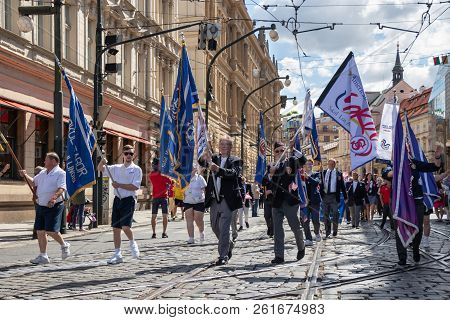 Prague, Czech Republic - July 1, 2018: American Visitors Parading At Sokolsky Slet, A Once-every-six