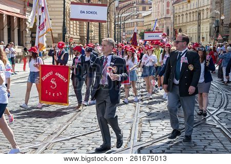 Prague, Czech Republic - July 1, 2018: People Parading At Sokolsky Slet, A Once-every-six-years Gath