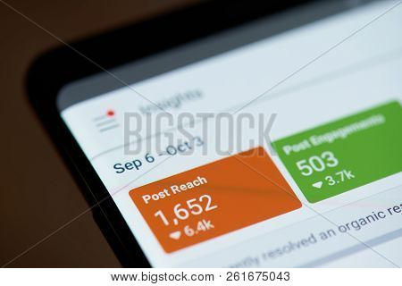New York, Usa - October 4, 2018: Facebook Post Reach Statistics  On Smartphone Screen Close Up View