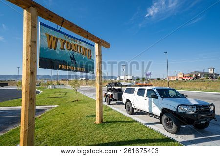 September 14 2018 - Lusk, Wyoming: Welcome To Wyoming State Border Crossing Welcome Sign On A Sunny 
