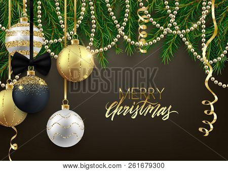 Merry Christmas Postcard Design, Decorative Balls, Beads, Fir Tree Branches, Vector Illustration