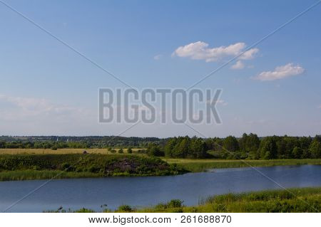 Beautiful Summer Landscape View With Blue River Background