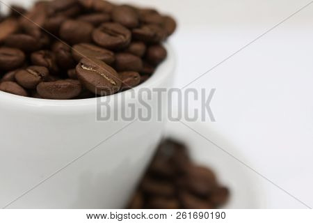 Brown Coffee Seeds In White Ceramic Cup Background