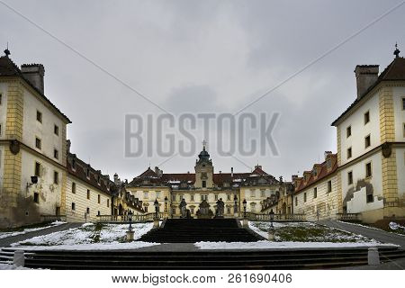 Valtice, Czech Republic - February 13, 2018: Baroque Castle In Valtice, Moravia, Czech Republic. Vie