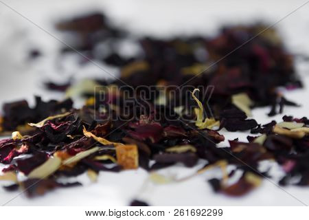 Fruit And Green Tea Herbs Top View Closeup Isolated On White Background