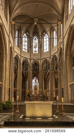 Dunkerque, France - September 16, 2018: Inside Saint Eloi Church Shows Chancel With High Ceiling And