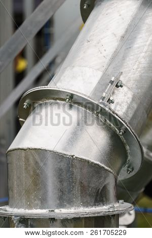 Close Up Of Metal, Steel Pipe In Agricultural Machine Vahicle. Industrial Details