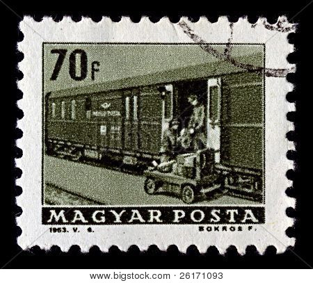 Węgry-ok 1963:A znaczek wydrukowany na Węgrzech pokazuje obraz transport post Węgry, około 196