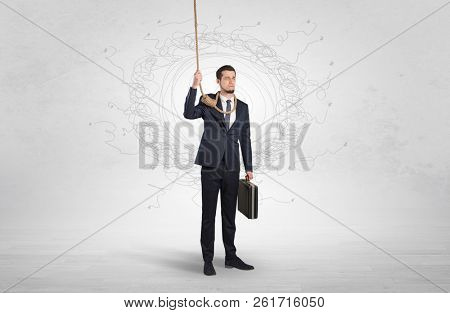 Burnout young elegant businessman trying to suicide with doodle concept