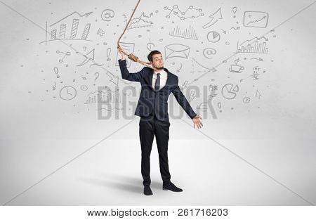 Young burnout businessman with flying documents concept
