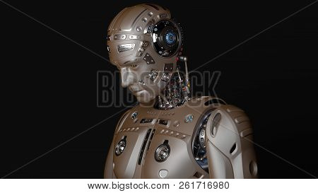 3d Rendering Futuristic Robot Man Loooking Down