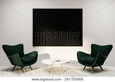 Interior Of Living Room With White Walls, Wooden Floor With Dark Green Armchairs And Coffee Table St