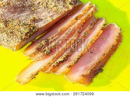 Sliced Basturma Covered With Spices. A Hot Beer Snack.