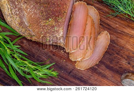 Sliced Basturma Covered With Spices. A Hot Beer Snack.