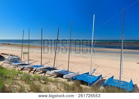 Ile de RÃ©e- Beach landscape sand and sea with sailboats at the horizon