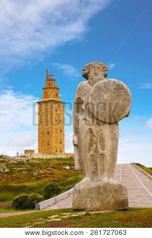 LA CORUNA, GALICIA, SPAIN - JUNE 5: Breogan statue at Hercules tower on June 5, 2017 in La Coruna, Galicia, Spain. Breogan was a celtic king in the actual Galician territory.